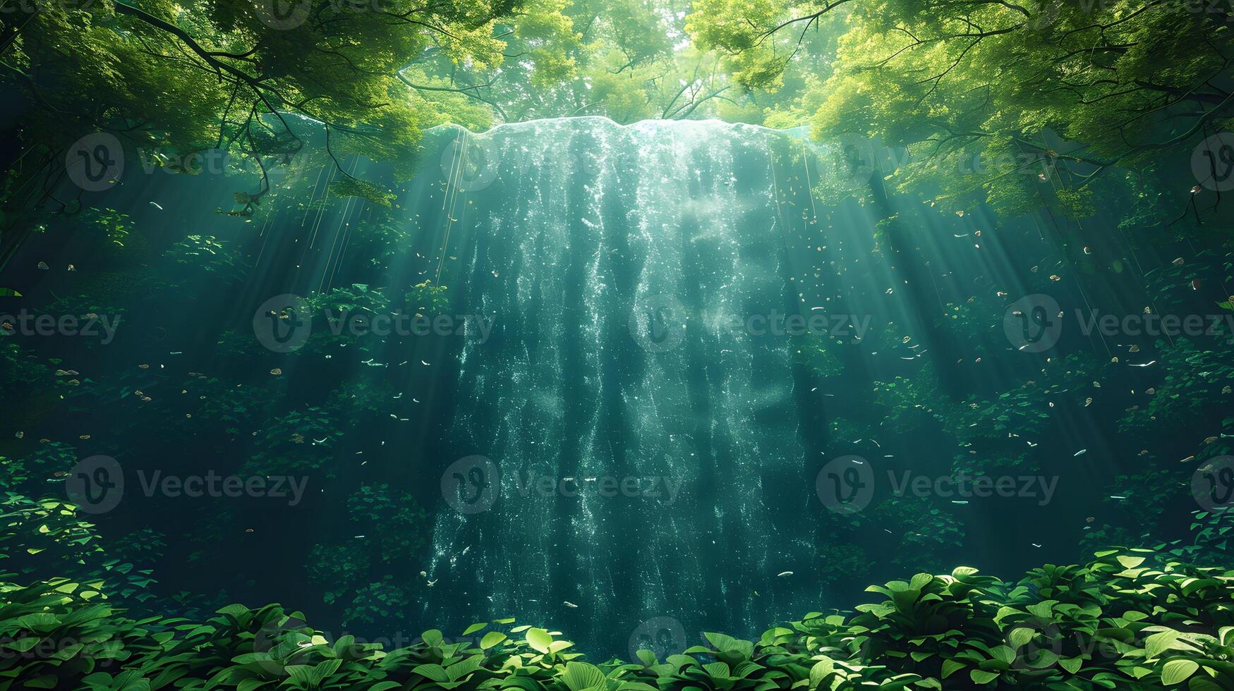 Serene Waterfall in Enchanting Forest with Lush Moss, photo