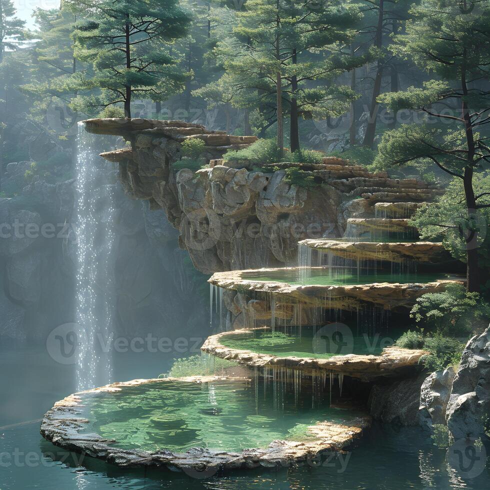 Serene Waterfall in Enchanting Forest with Lush Moss, photo