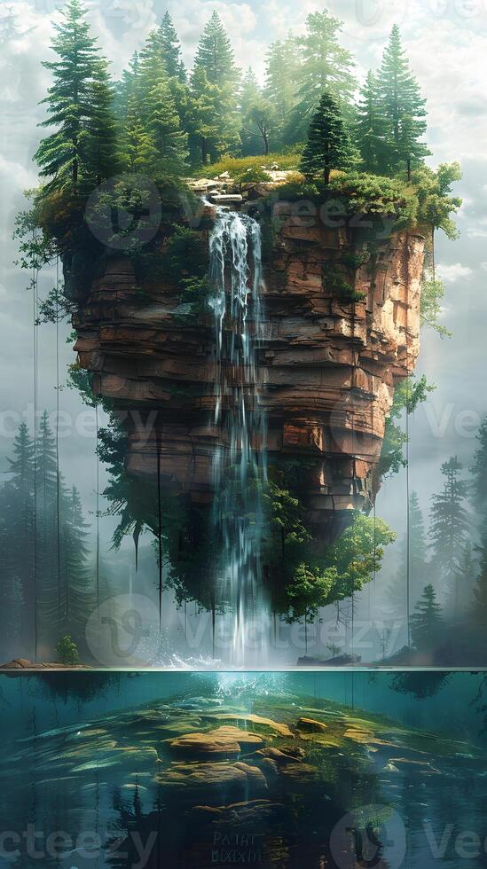 Serene Waterfall in Enchanting Forest with Lush Moss, photo
