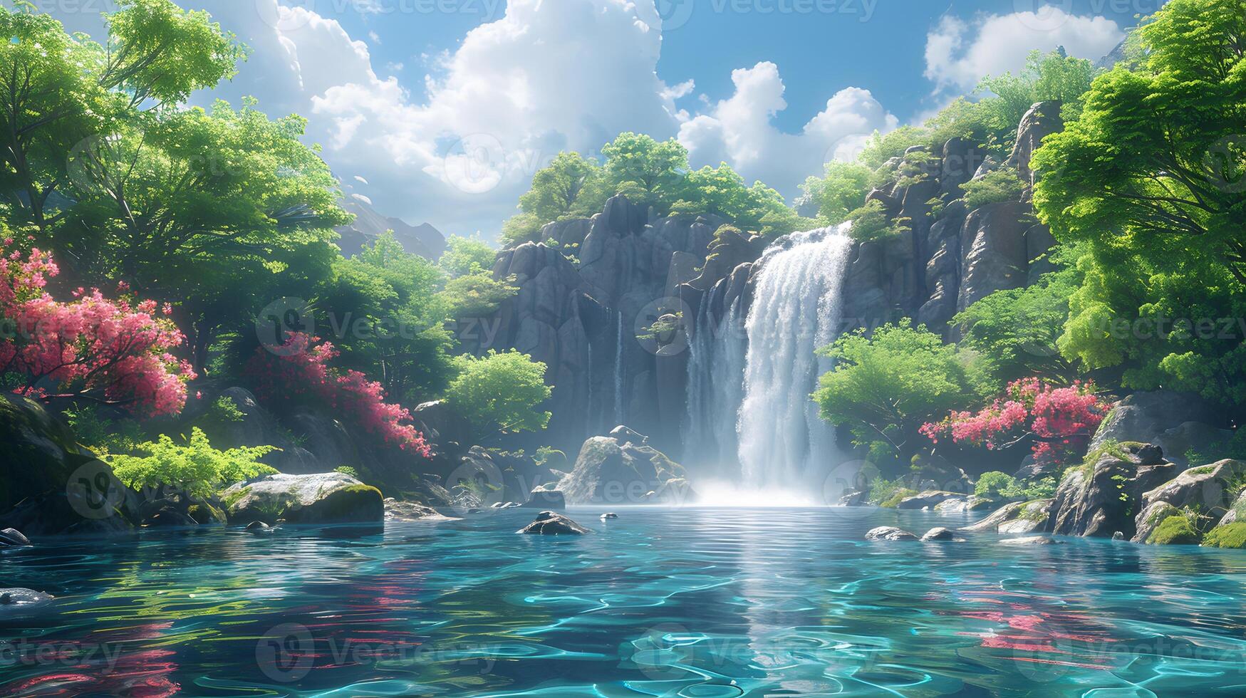 Serene Waterfall in Enchanting Forest with Lush Moss, photo