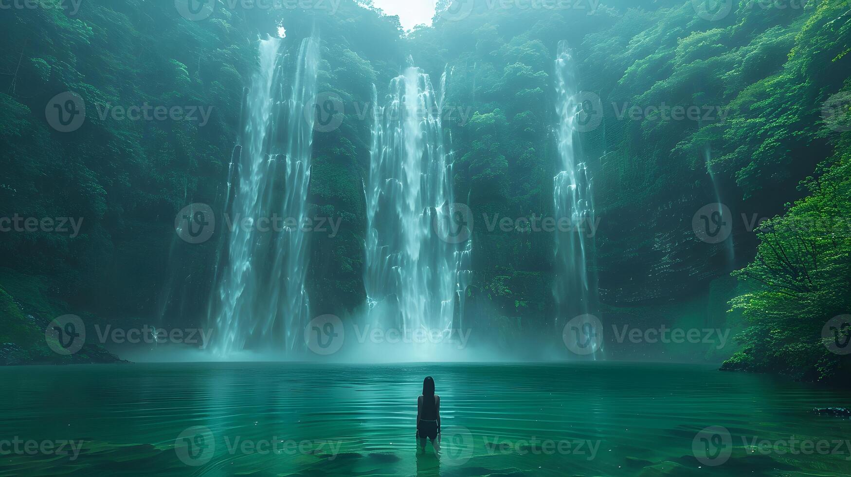 Serene Waterfall in Enchanting Forest with Lush Moss, photo
