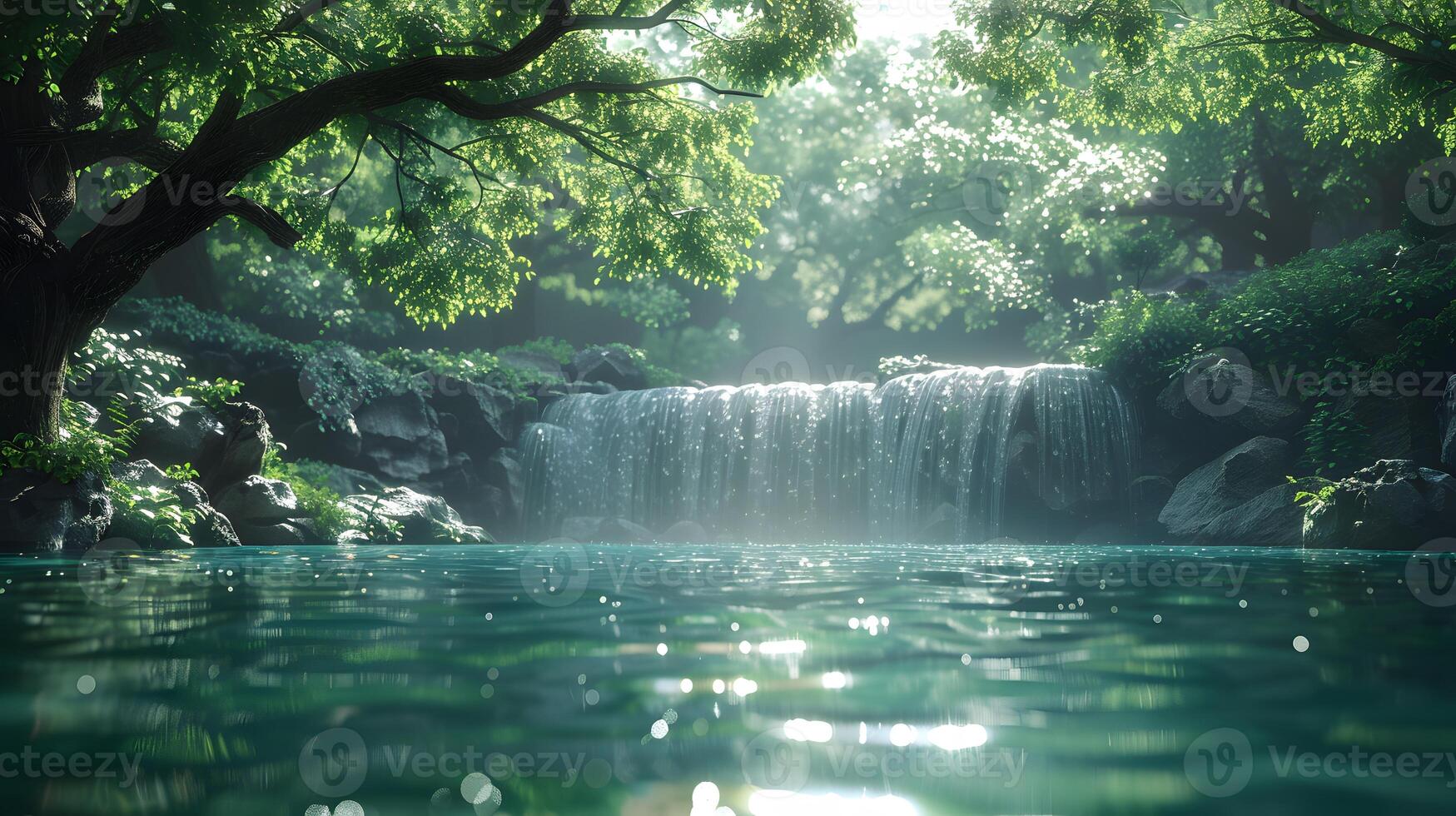 Serene Waterfall in Enchanting Forest with Lush Moss, photo