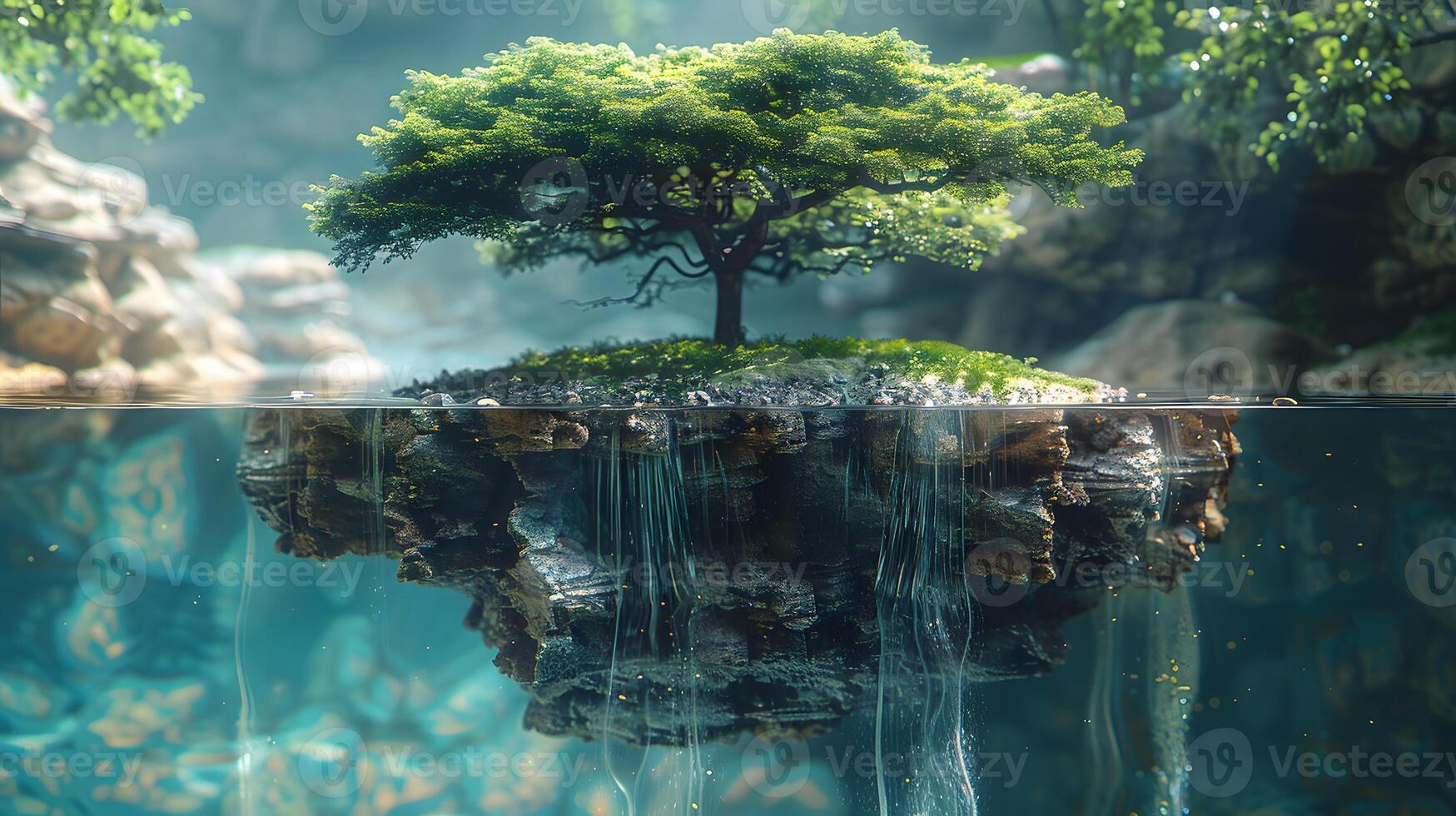 Serene Waterfall in Enchanting Forest with Lush Moss, photo