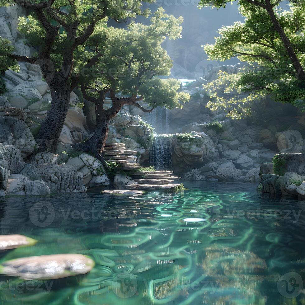 Serene Waterfall in Enchanting Forest with Lush Moss, photo