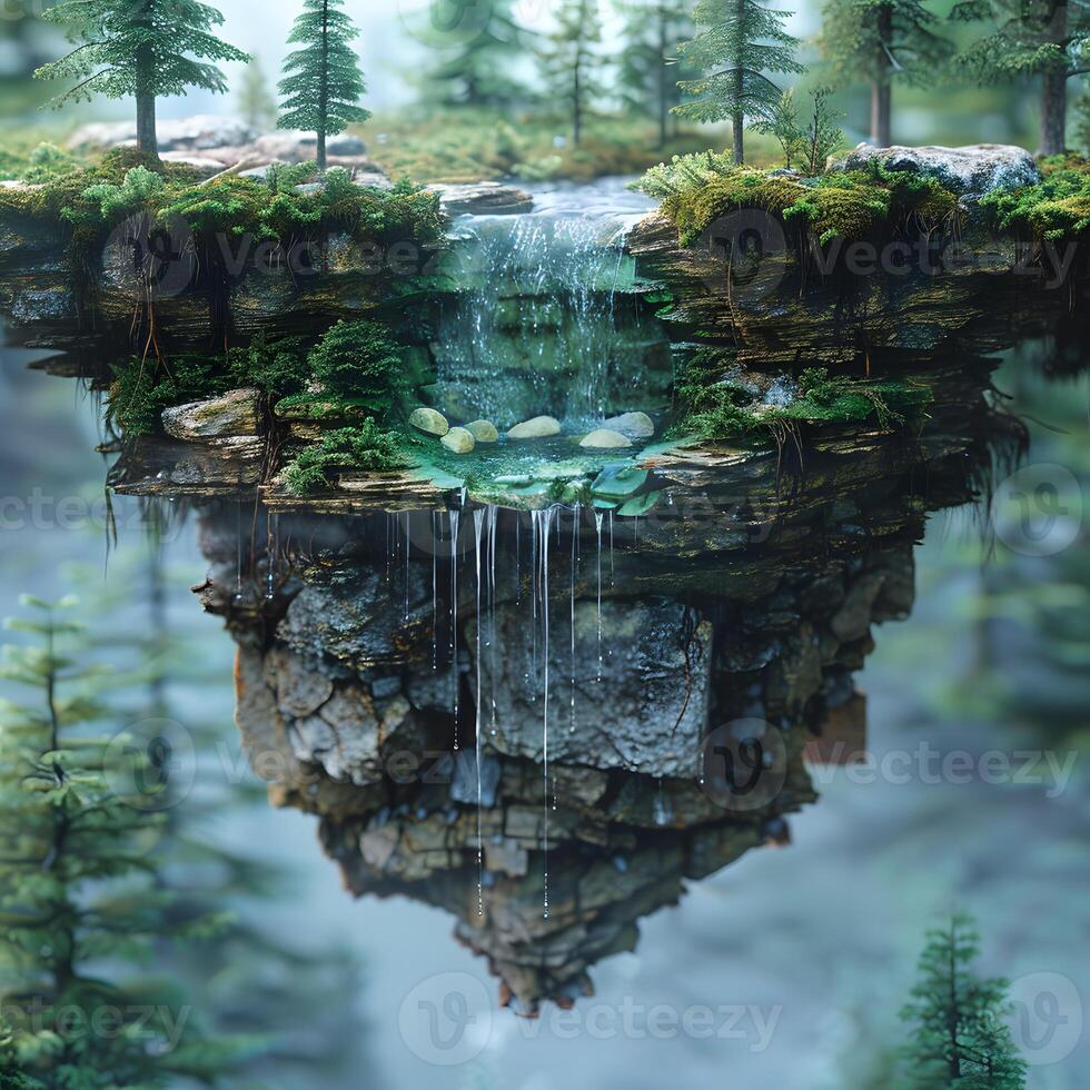 Serene Waterfall in Enchanting Forest with Lush Moss, photo