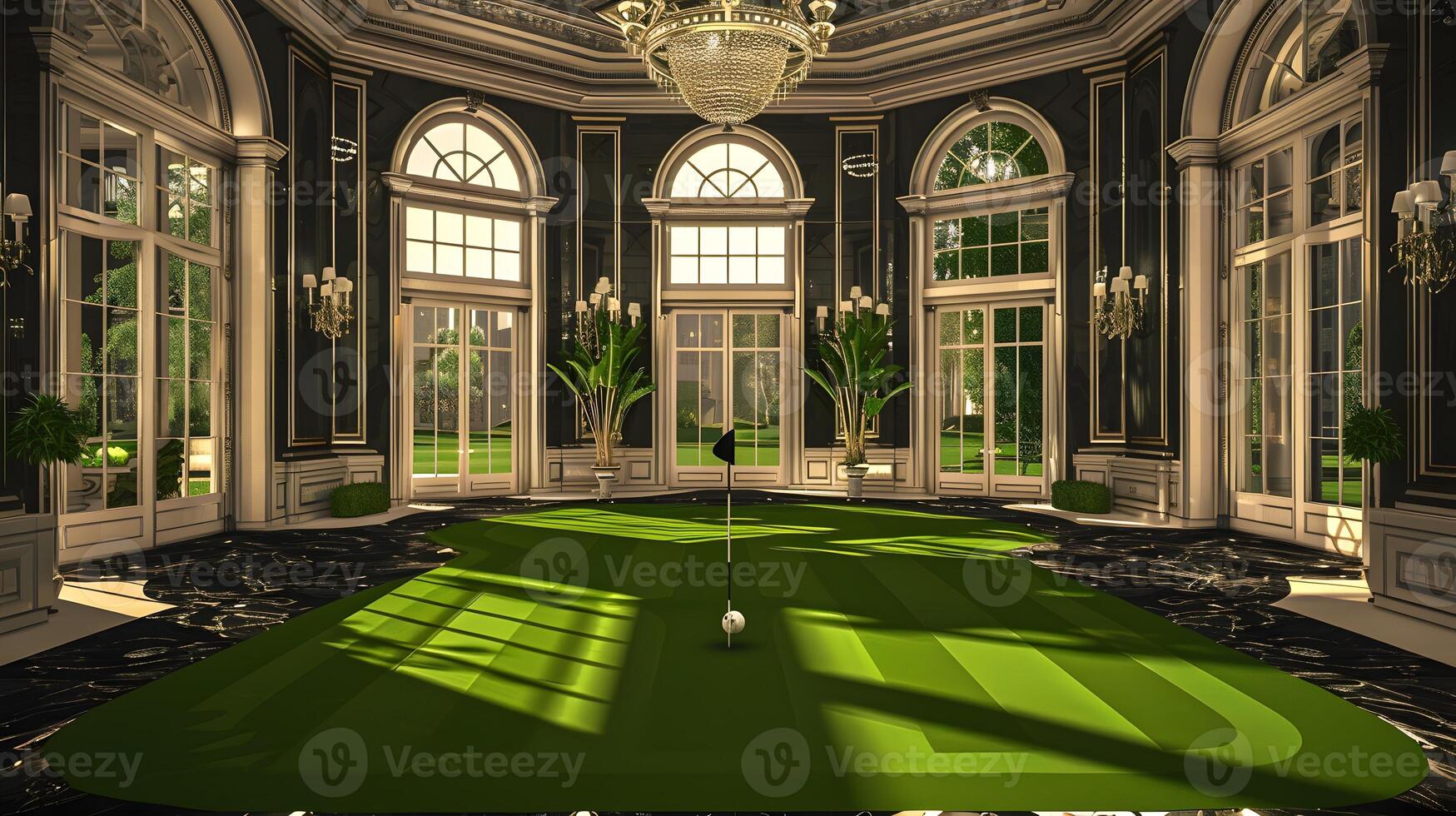 Realistic golf course inside of a mansion made of Synthetic grass, photo