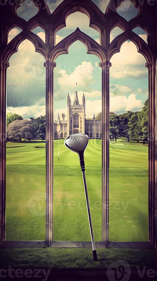Realistic golf course inside of a mansion made of Synthetic grass, photo