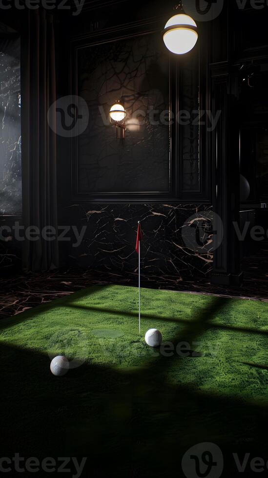 Realistic golf course inside of a mansion made of Synthetic grass, photo