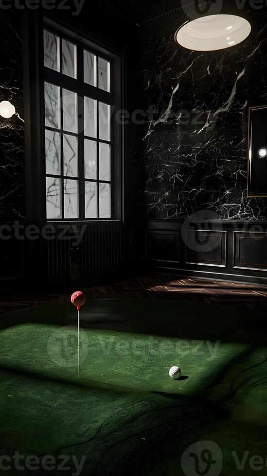 Realistic golf course inside of a mansion made of Synthetic grass, photo