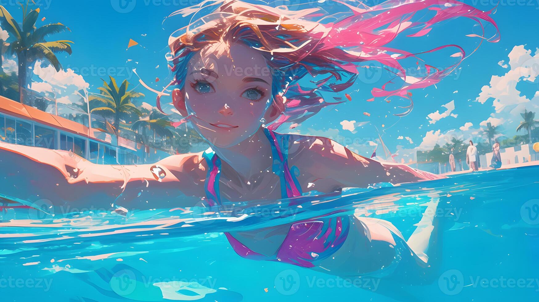 swimming in the pool, woman with long wavy red hair wearing a pink and blue pastel neon suit floating underwater, which in Generate AI photo