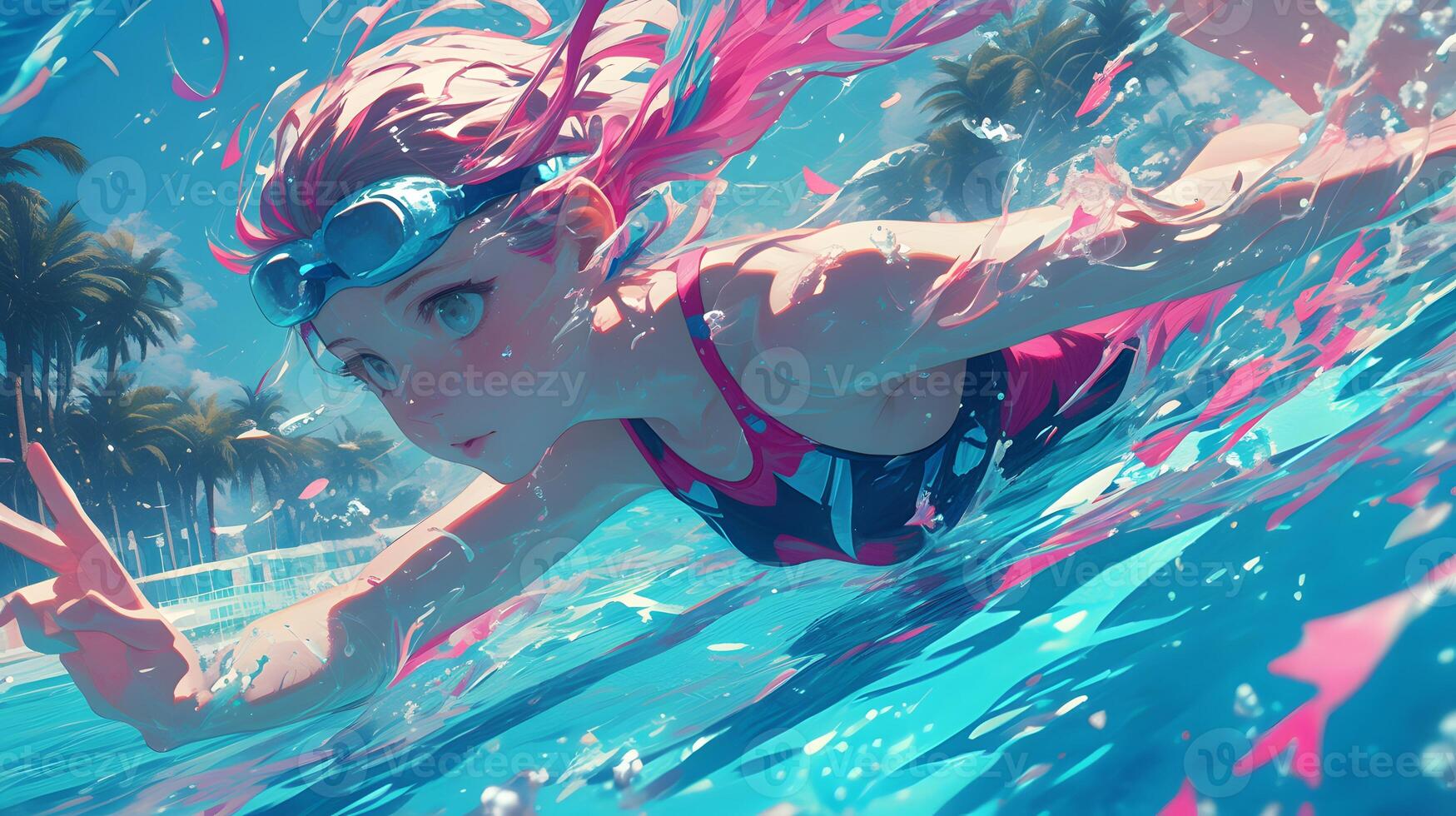 swimming in the pool, woman with long wavy red hair wearing a pink and blue pastel neon suit floating underwater, which in Generate AI photo