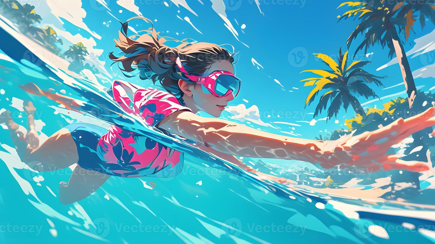 swimming in the pool, woman with long wavy red hair wearing a pink and blue pastel neon suit floating underwater, which in Generate AI photo
