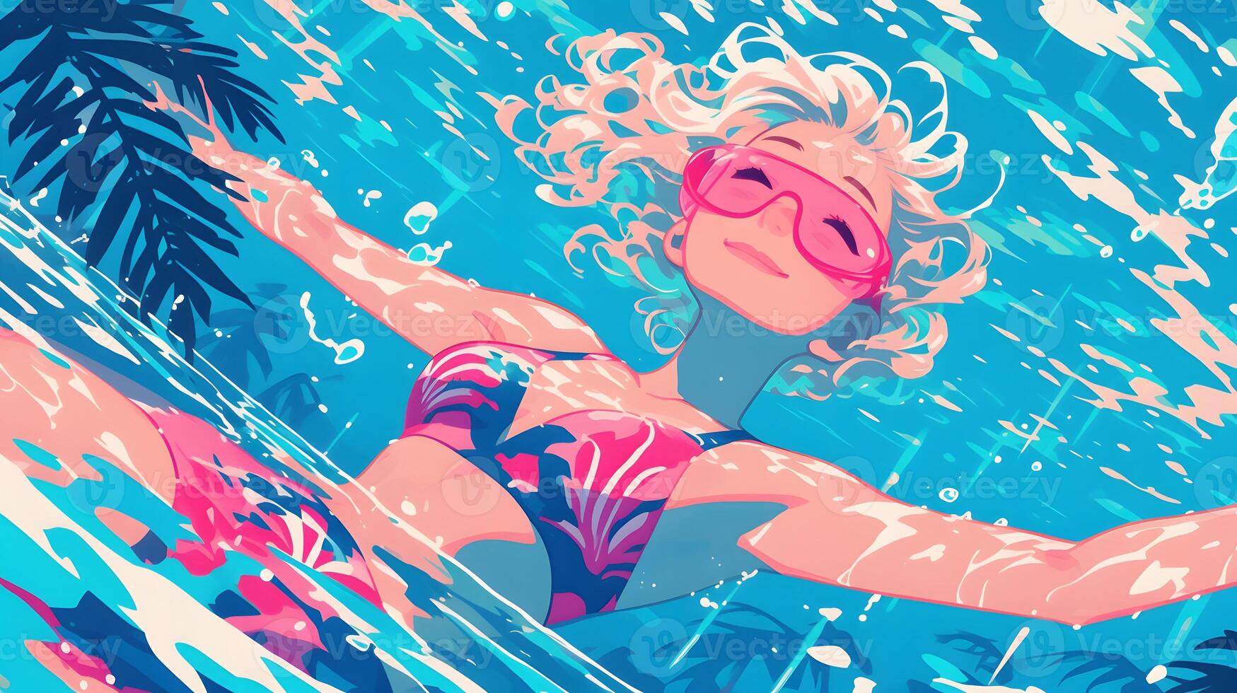 swimming in the pool, woman with long wavy red hair wearing a pink and blue pastel neon suit floating underwater, which in Generate AI photo