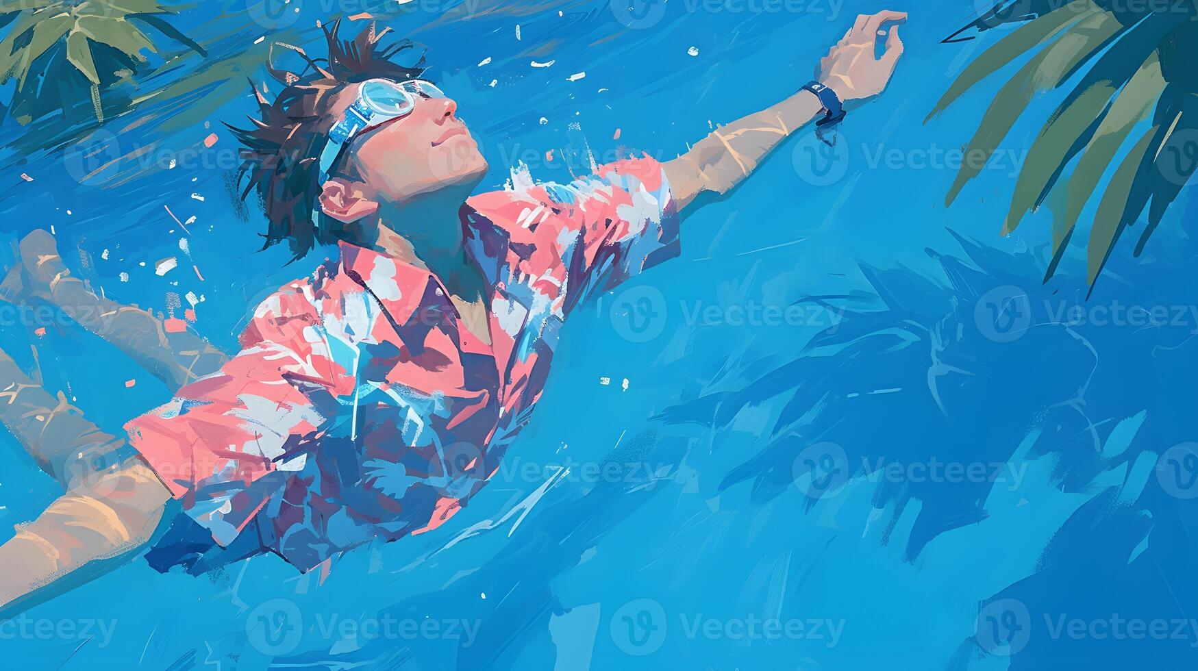 swimming in the pool, man with long wavy red hair wearing a pink and blue pastel neon suit floating underwater, which in Generate AI photo
