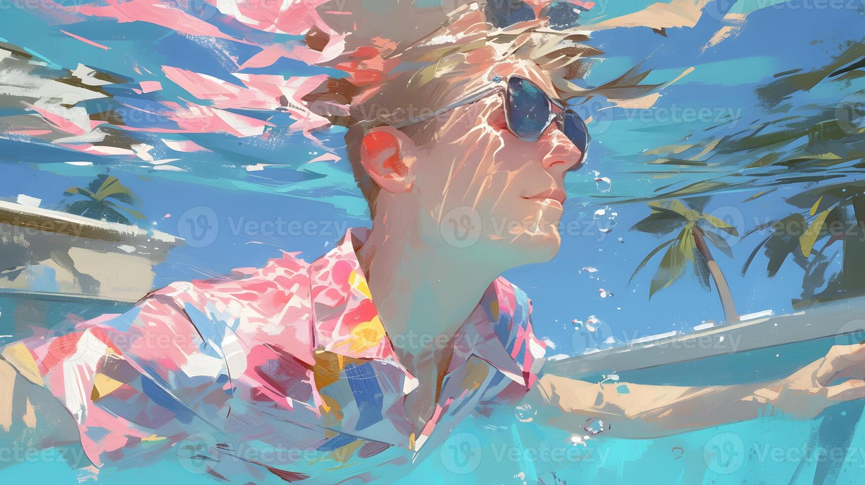 swimming in the pool, man with long wavy red hair wearing a pink and blue pastel neon suit floating underwater, which in Generate AI photo