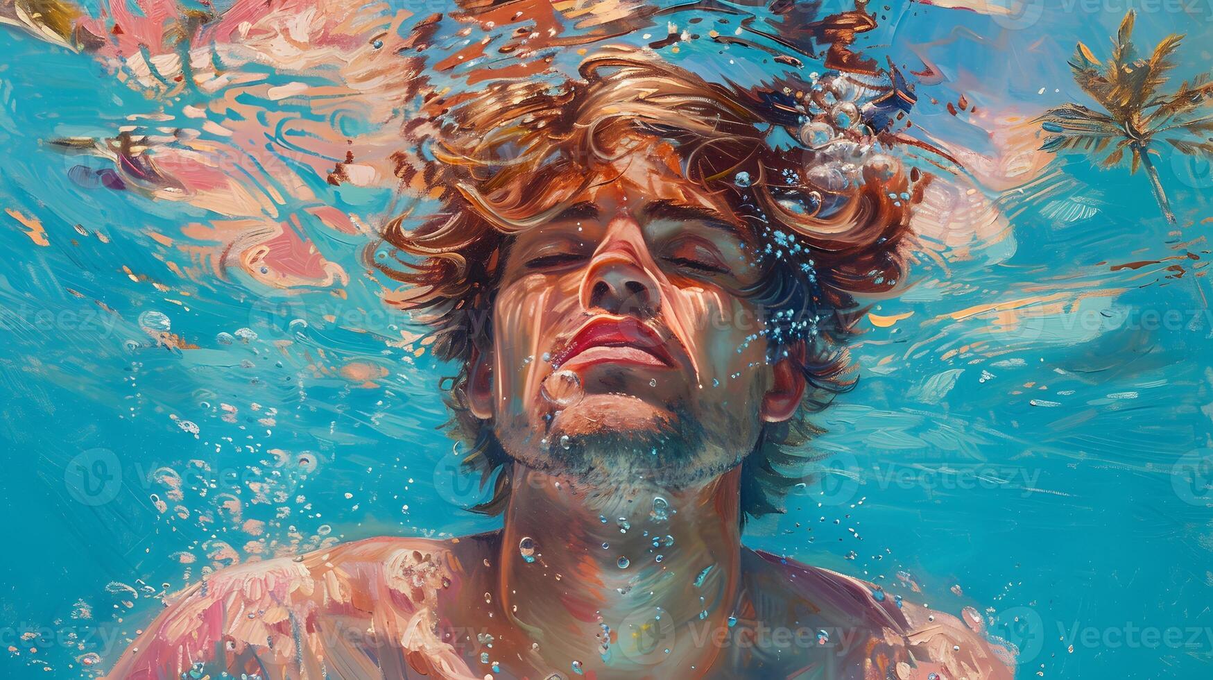 swimming in the pool, man with long wavy red hair wearing a pink and blue pastel neon suit floating underwater, which in Generate AI photo