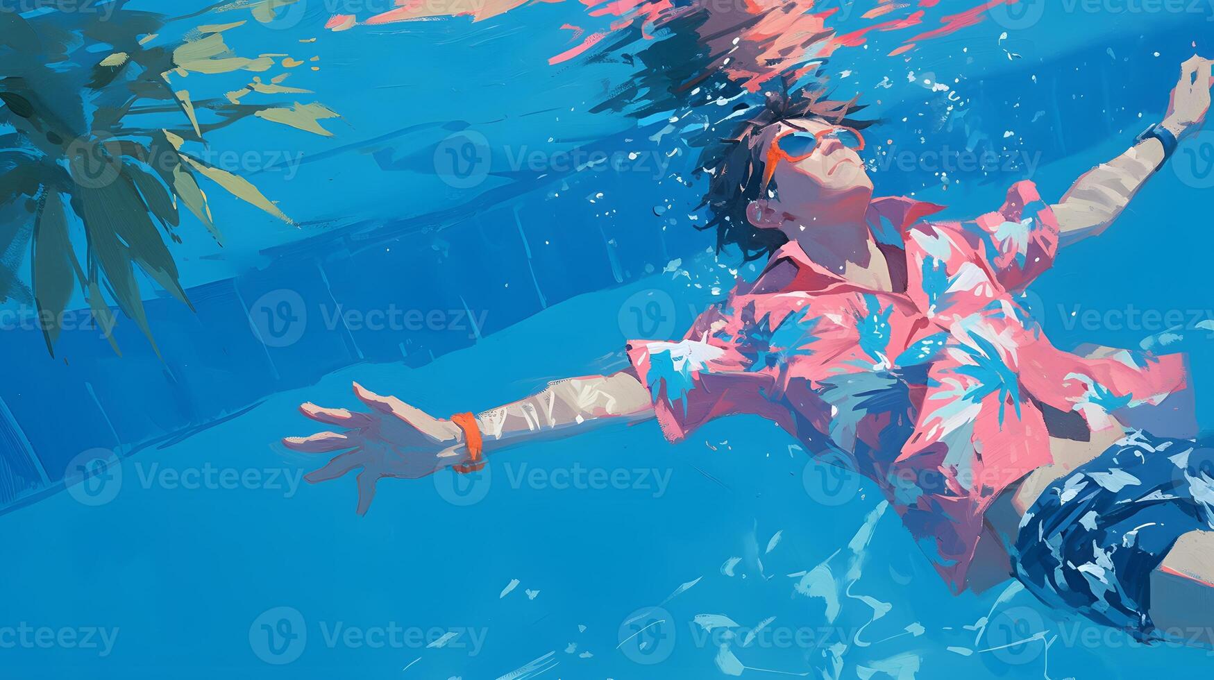 swimming in the pool, man with long wavy red hair wearing a pink and blue pastel neon suit floating underwater, which in Generate AI photo