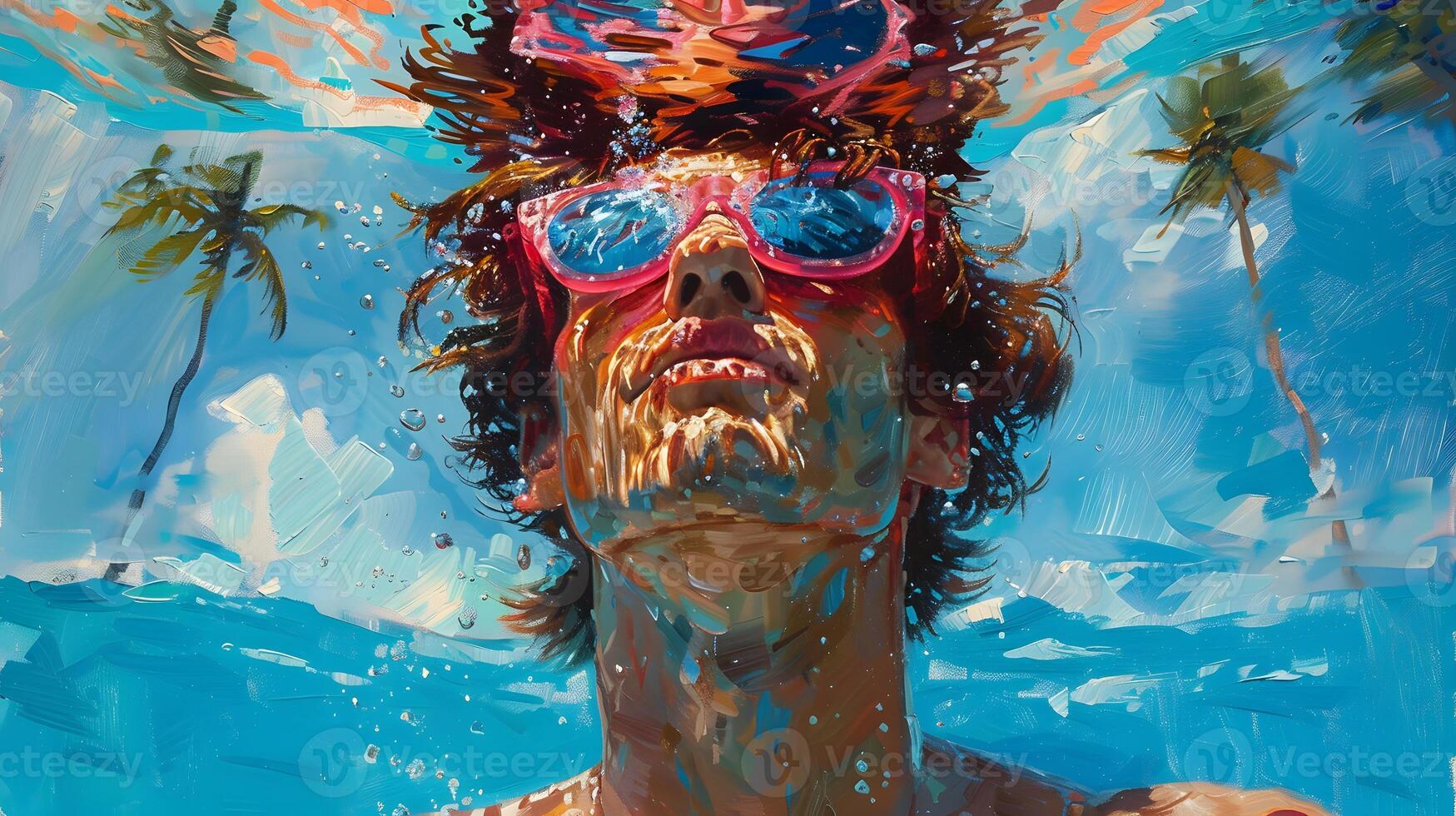 swimming in the pool, man with long wavy red hair wearing a pink and blue pastel neon suit floating underwater, which in Generate AI photo