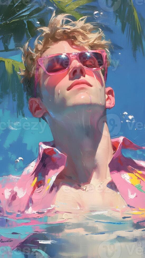 swimming in the pool, man with long wavy red hair wearing a pink and blue pastel neon suit floating underwater, which in Generate AI photo