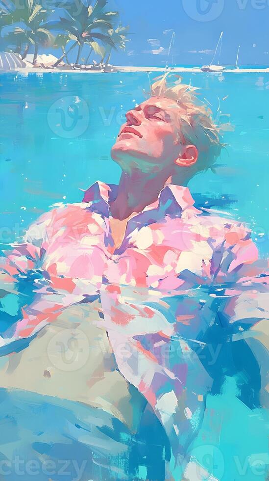 swimming in the pool, man with long wavy red hair wearing a pink and blue pastel neon suit floating underwater, which in Generate AI photo
