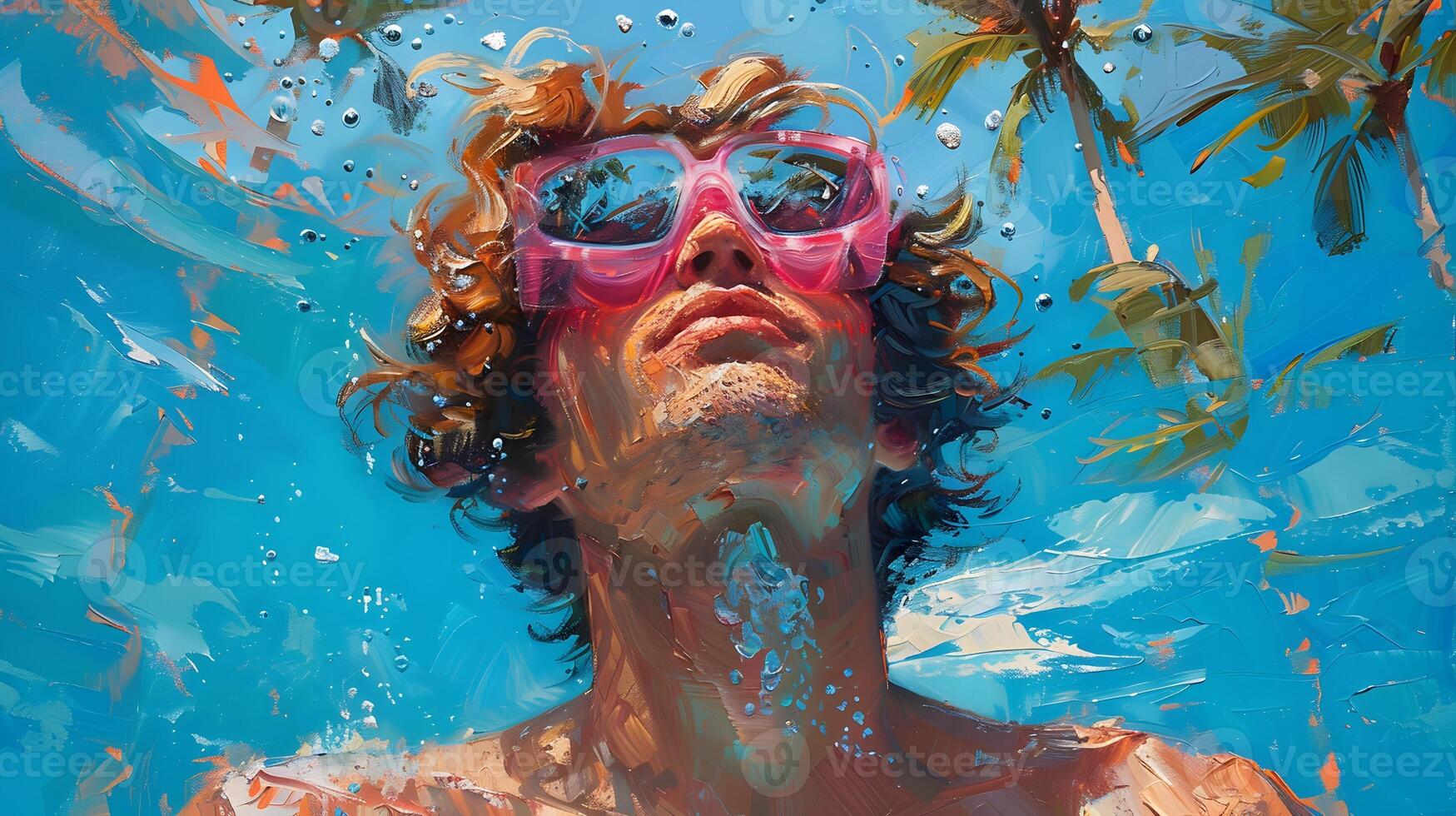 swimming in the pool, man with long wavy red hair wearing a pink and blue pastel neon suit floating underwater, which in Generate AI photo