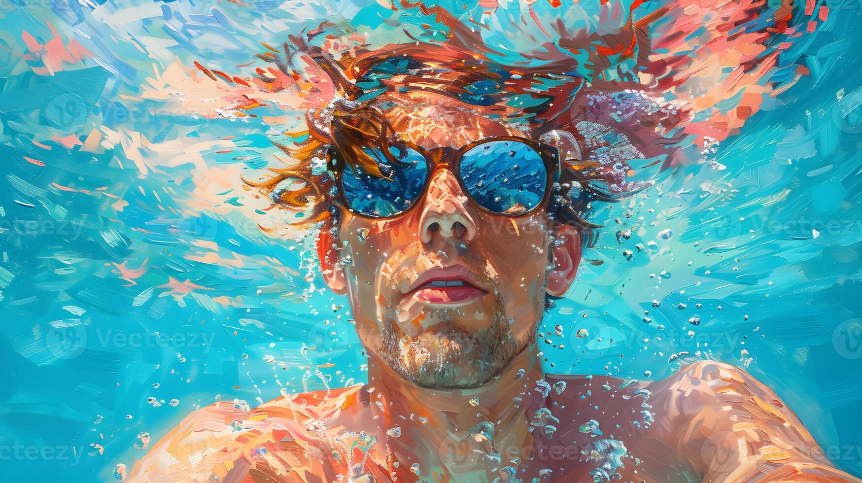 swimming in the pool, man with long wavy red hair wearing a pink and blue pastel neon suit floating underwater, which in Generate AI photo
