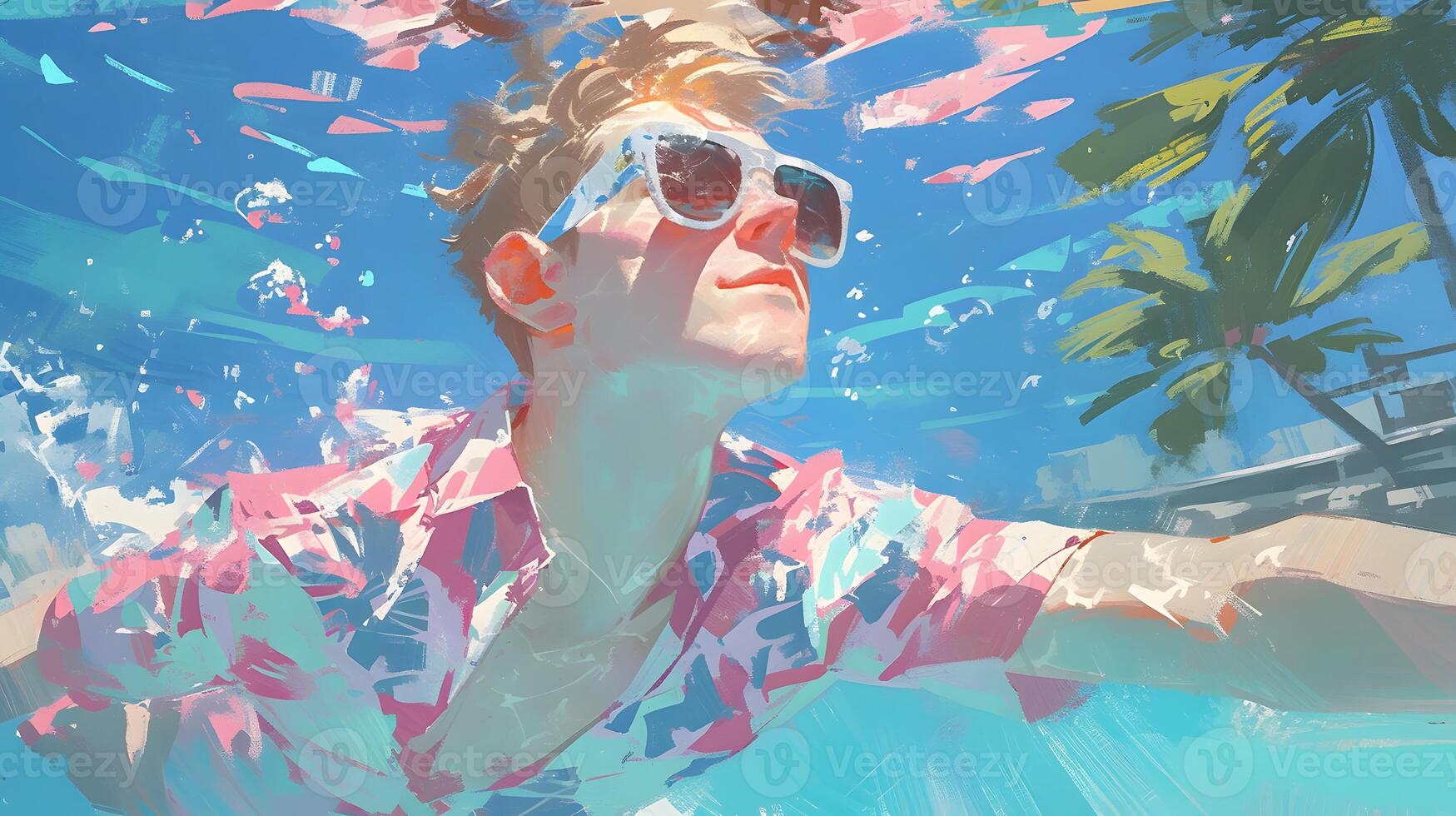swimming in the pool, man with long wavy red hair wearing a pink and blue pastel neon suit floating underwater, which in Generate AI photo