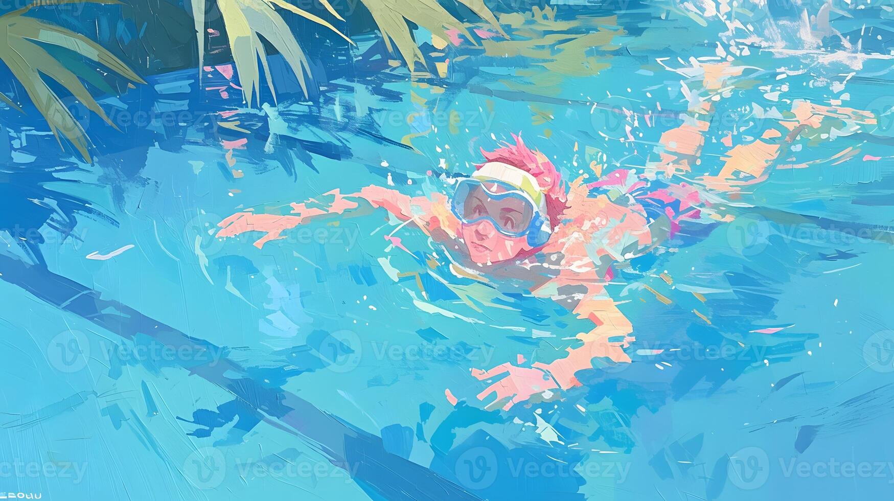 swimming in the pool, man with long wavy red hair wearing a pink and blue pastel neon suit floating underwater, which in Generate AI photo