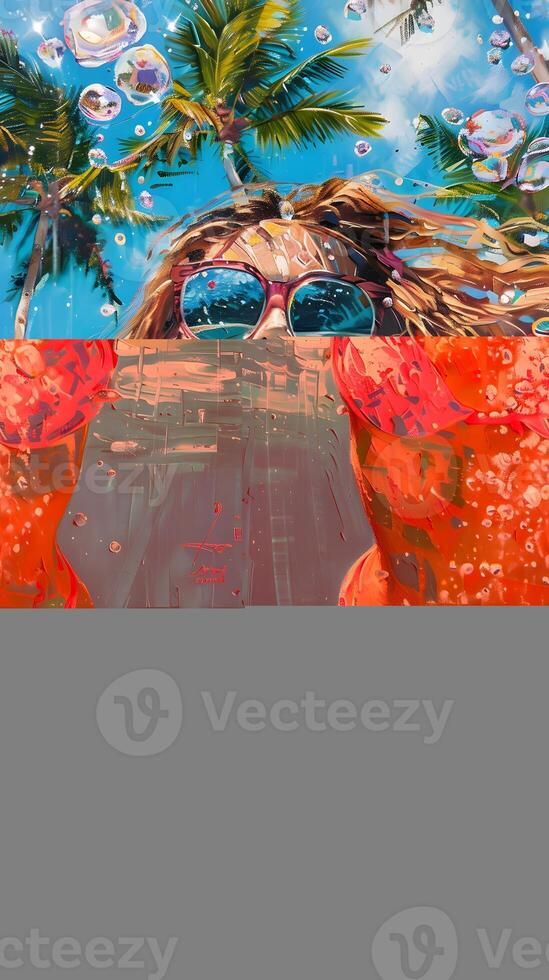 swimming in the pool, woman with long wavy red hair wearing a pink and blue pastel neon suit floating underwater, which in Generate AI photo