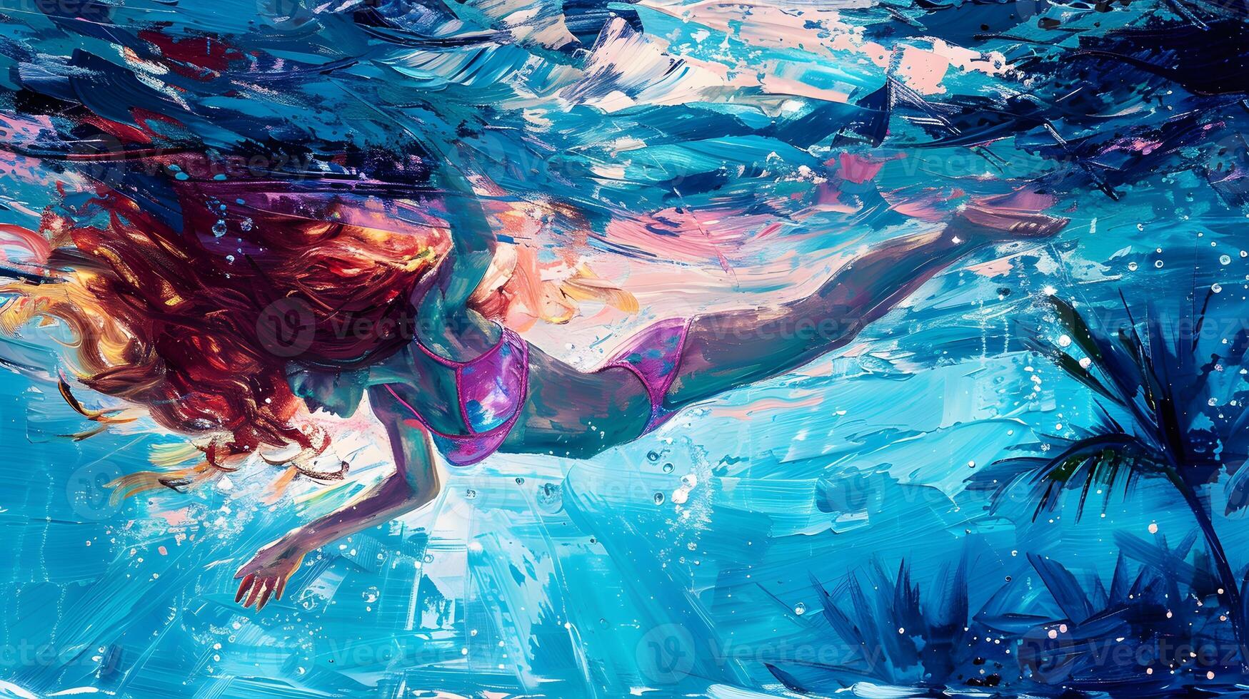 swimming in the pool, woman with long wavy red hair wearing a pink and blue pastel neon suit floating underwater, which in Generate AI photo
