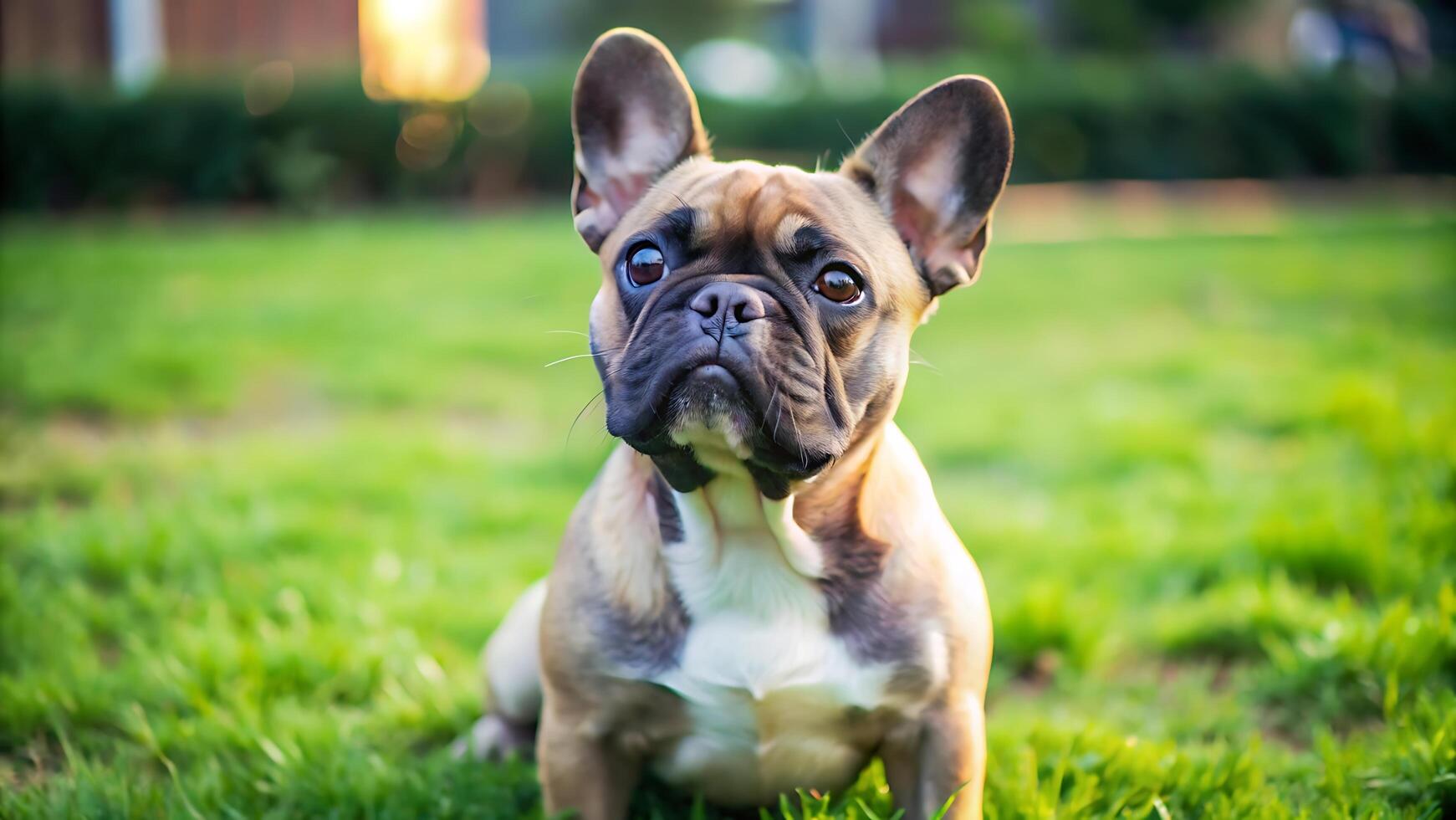 Cute French Bulldog Sitting on a Grassy Lawn, Looking Up With a Curious Expression photo