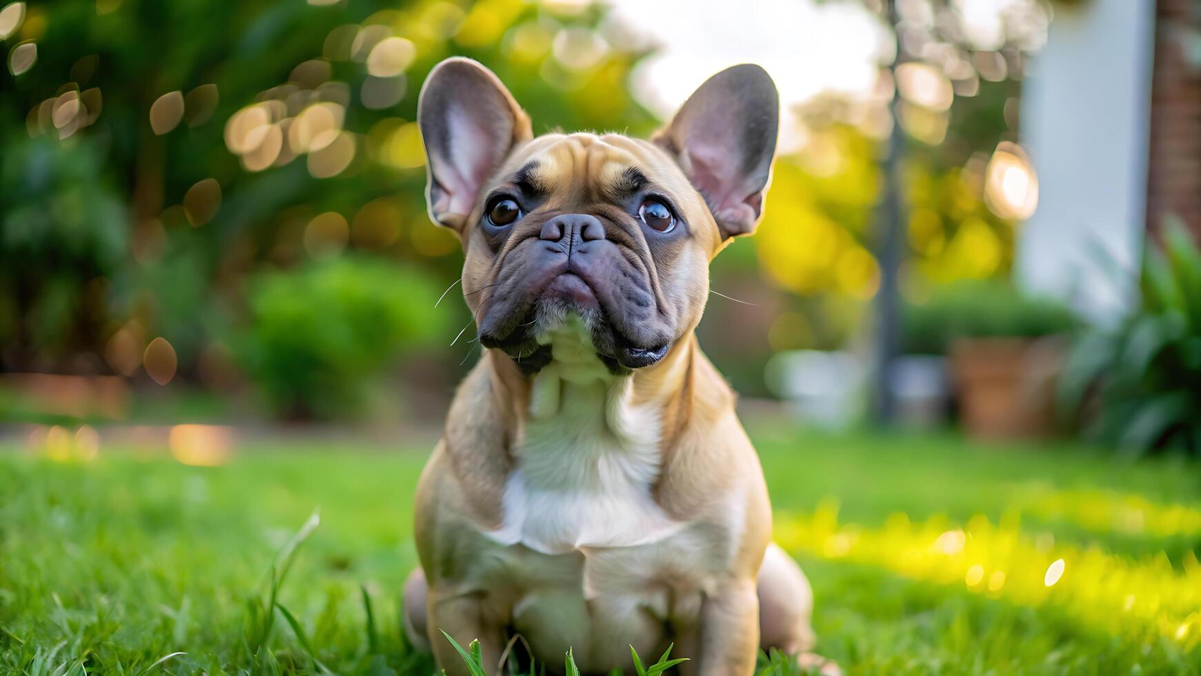 Cute French Bulldog Sitting on a Grassy Lawn, Looking Up With a Curious Expression photo