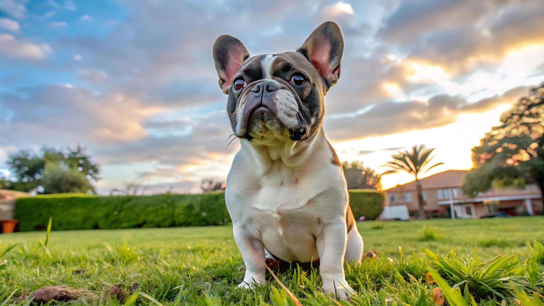 Cute French Bulldog Sitting on a Grassy Lawn, Looking Up With a Curious Expression photo