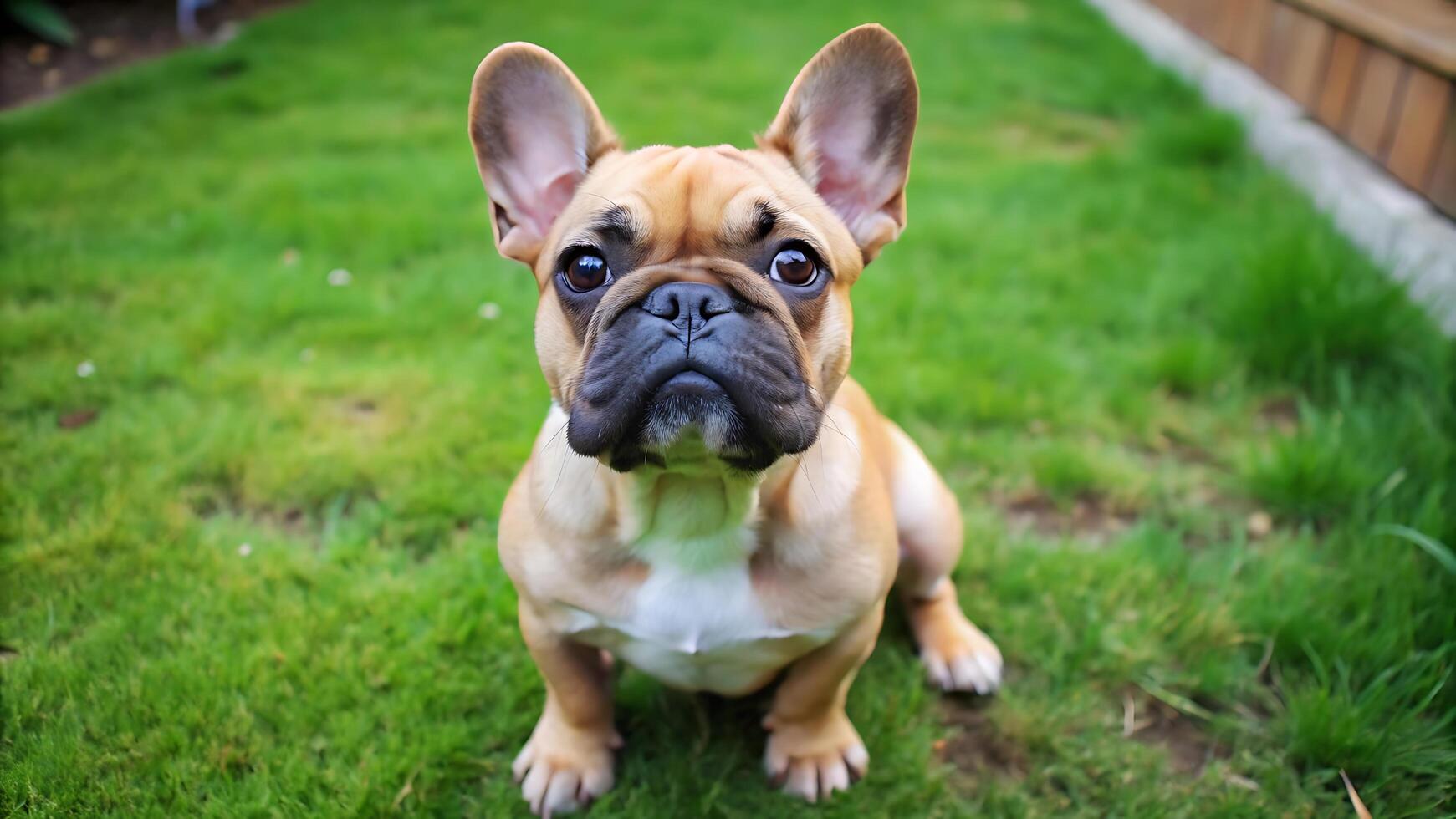 Cute French Bulldog Sitting on a Grassy Lawn, Looking Up With a Curious Expression photo