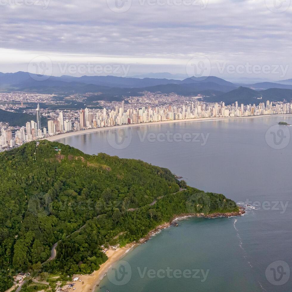 Balneario Camboriu in Santa Catarina. Taquaras Beach and Laranjeiras Beach in Balneario Camboriu. Aerial view in landscape. Square image photo