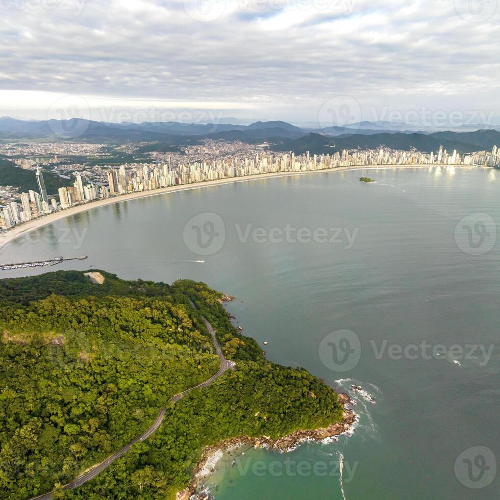 Balneario Camboriu in Santa Catarina. Taquaras Beach and Laranjeiras Beach in Balneario Camboriu. Aerial view in landscape. Square image photo