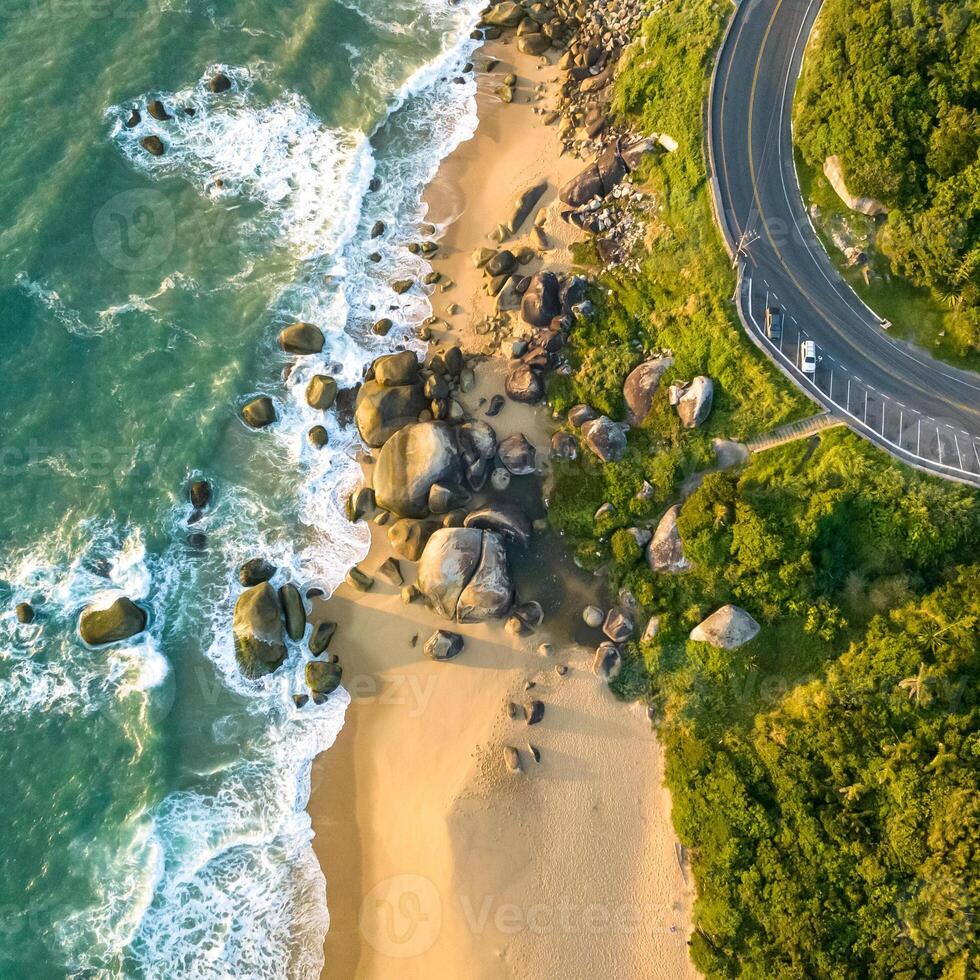 Balneario Camboriu in Santa Catarina. Taquaras Beach and Laranjeiras Beach in Balneario Camboriu. Aerial view in landscape. Square image photo