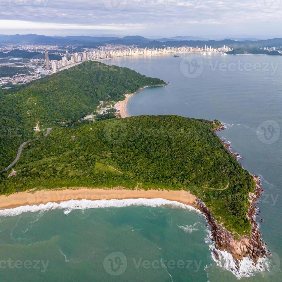 Balneario Camboriu in Santa Catarina. Taquaras Beach and Laranjeiras Beach in Balneario Camboriu. Aerial view in landscape. Square image photo