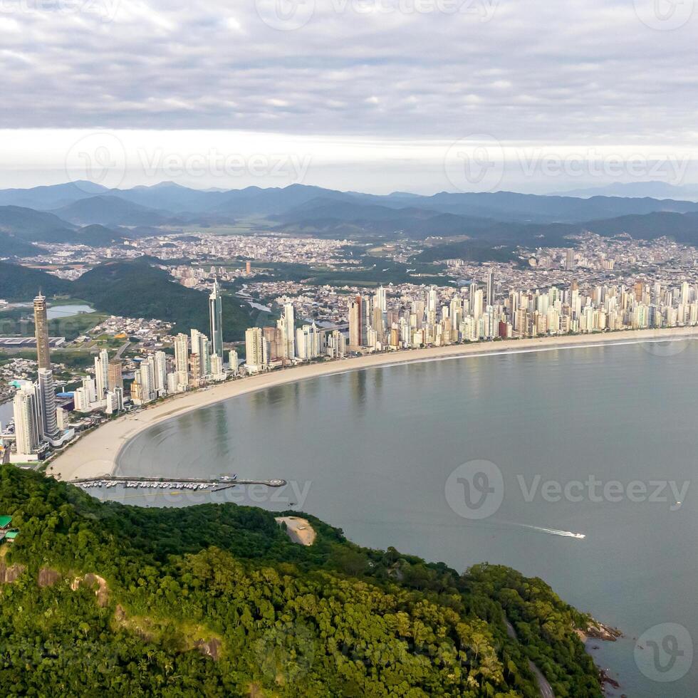 Balneario Camboriu in Santa Catarina. Taquaras Beach and Laranjeiras Beach in Balneario Camboriu. Aerial view in landscape. Square image photo