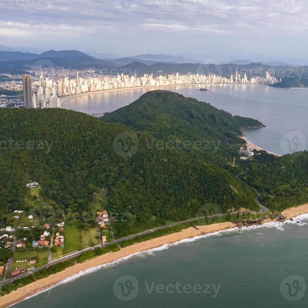 Balneario Camboriu in Santa Catarina. Taquaras Beach and Laranjeiras Beach in Balneario Camboriu. Aerial view in landscape. Square image photo