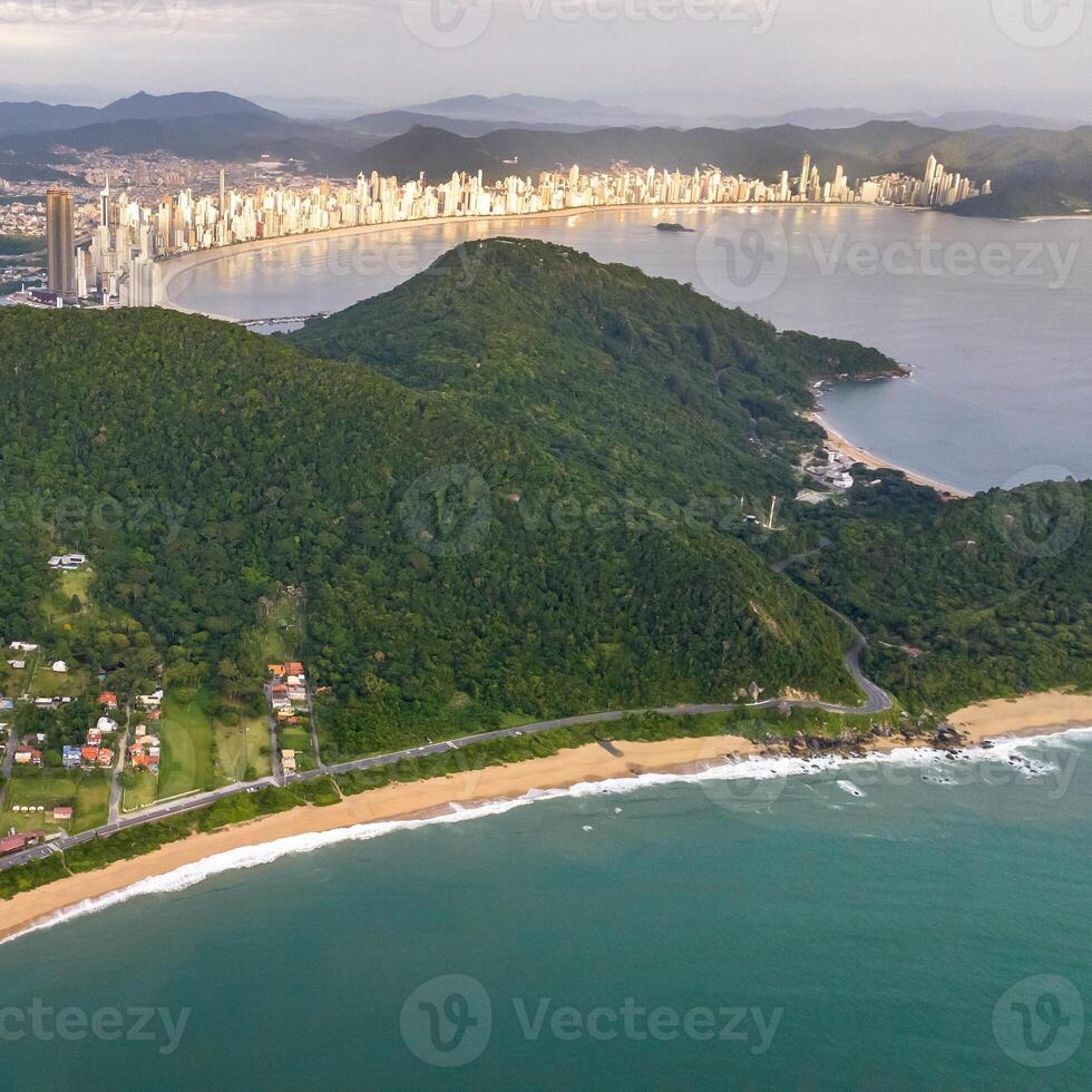 Balneario Camboriu in Santa Catarina. Taquaras Beach and Laranjeiras Beach in Balneario Camboriu. Aerial view in landscape. Square image photo