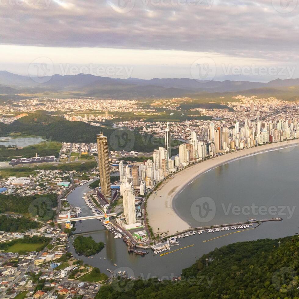 Balneario Camboriu in Santa Catarina. Taquaras Beach and Laranjeiras Beach in Balneario Camboriu. Aerial view in landscape. Square image photo
