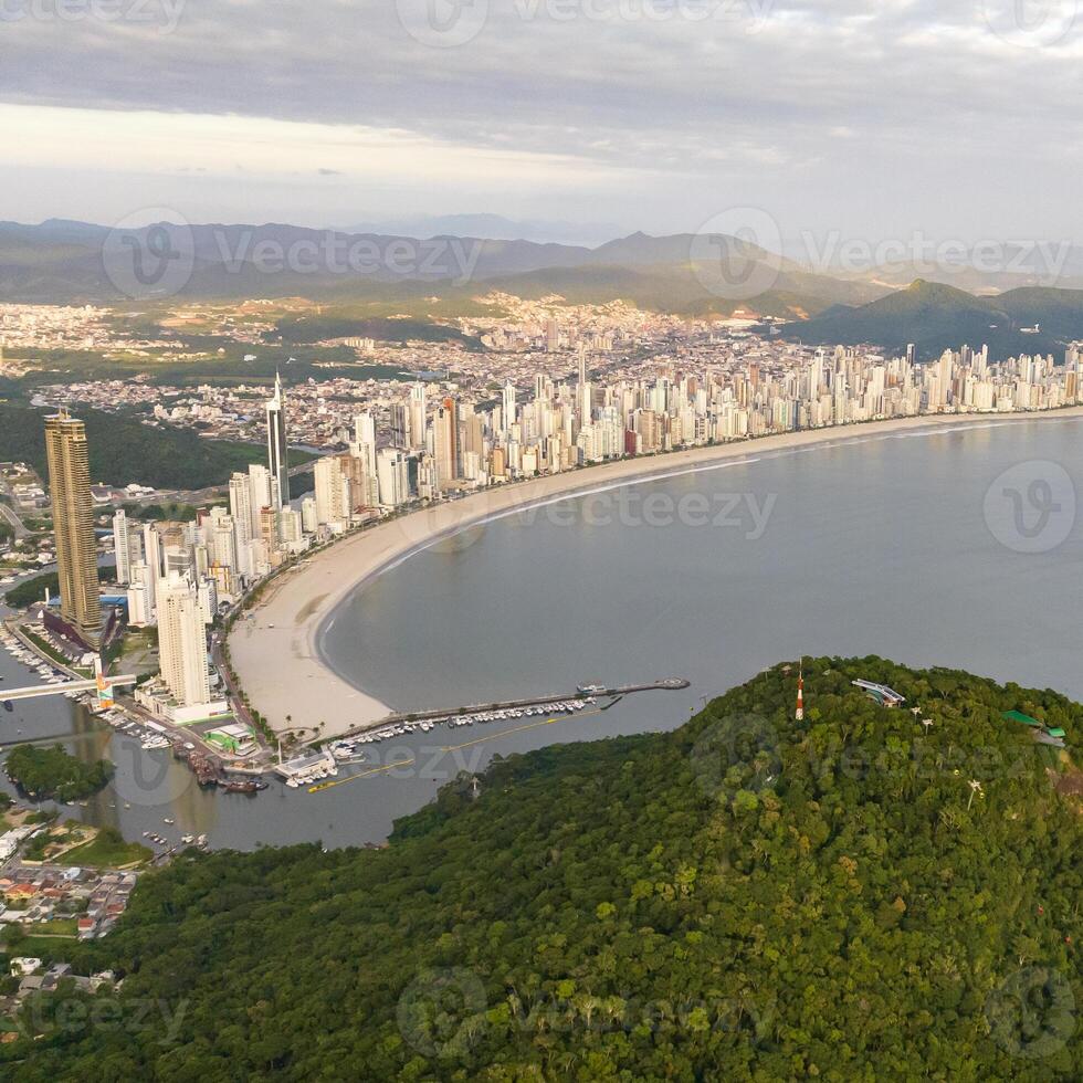 Balneario Camboriu in Santa Catarina. Taquaras Beach and Laranjeiras Beach in Balneario Camboriu. Aerial view in landscape. Square image photo