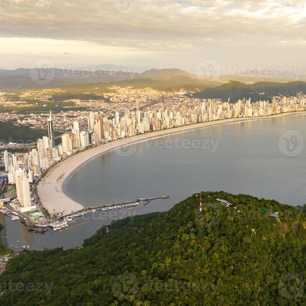 Balneario Camboriu in Santa Catarina. Taquaras Beach and Laranjeiras Beach in Balneario Camboriu. Aerial view in landscape. Square image photo