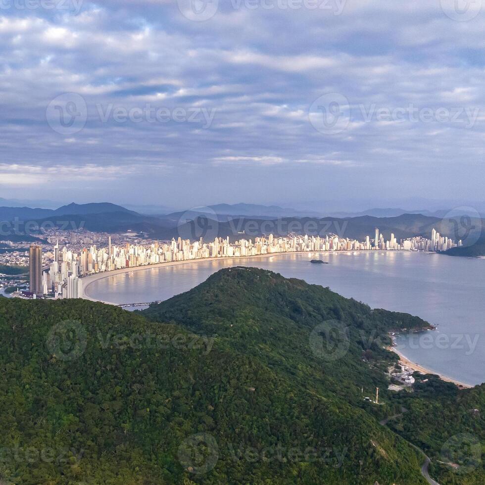 Balneario Camboriu in Santa Catarina. Taquaras Beach and Laranjeiras Beach in Balneario Camboriu. Aerial view in landscape. Square image photo