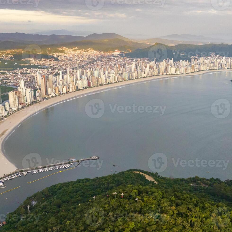Balneario Camboriu in Santa Catarina. Taquaras Beach and Laranjeiras Beach in Balneario Camboriu. Aerial view in landscape. Square image photo