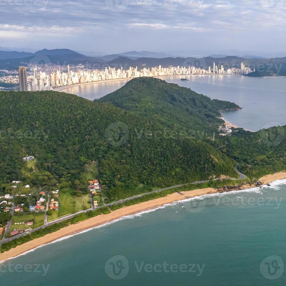 Balneario Camboriu in Santa Catarina. Taquaras Beach and Laranjeiras Beach in Balneario Camboriu. Aerial view in landscape. Square image photo