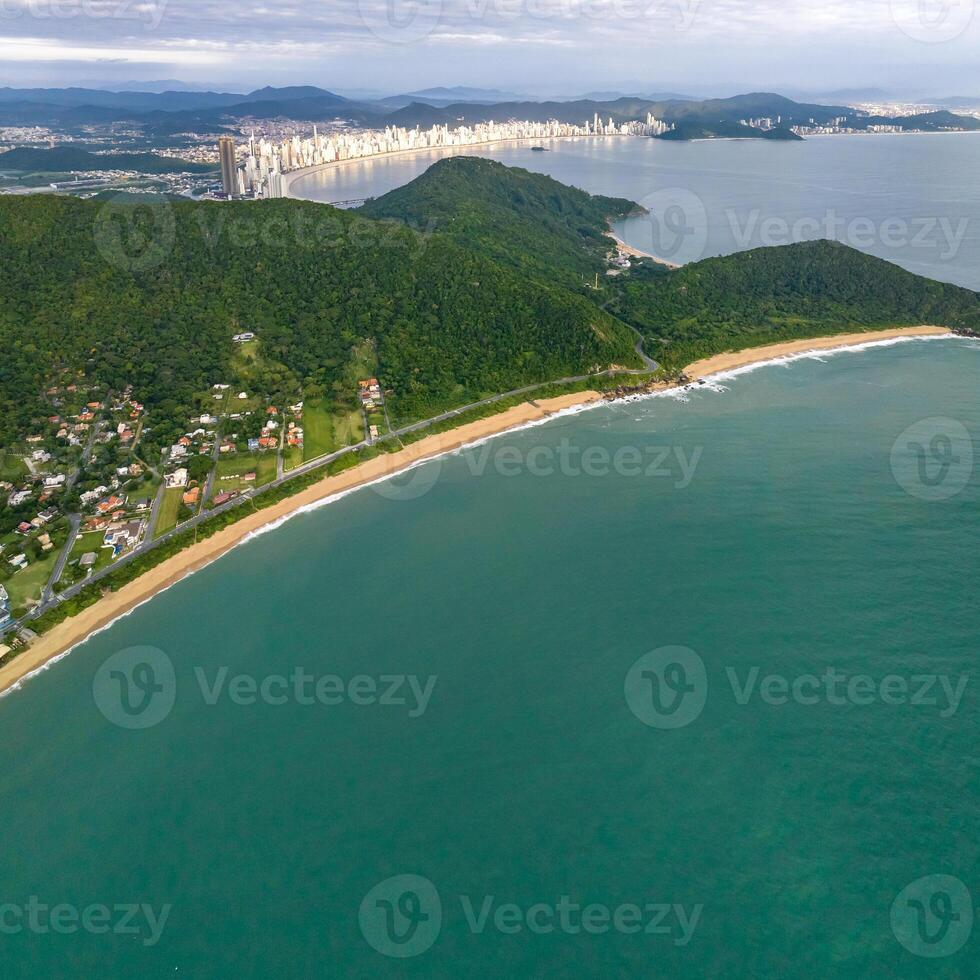 Balneario Camboriu in Santa Catarina. Taquaras Beach and Laranjeiras Beach in Balneario Camboriu. Aerial view in landscape. Square image photo
