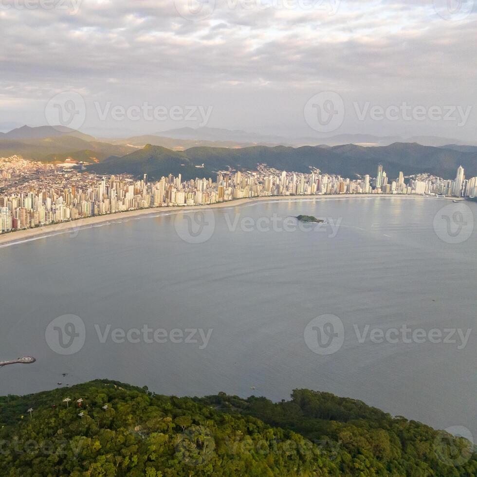 Balneario Camboriu in Santa Catarina. Taquaras Beach and Laranjeiras Beach in Balneario Camboriu. Aerial view in landscape. Square image photo