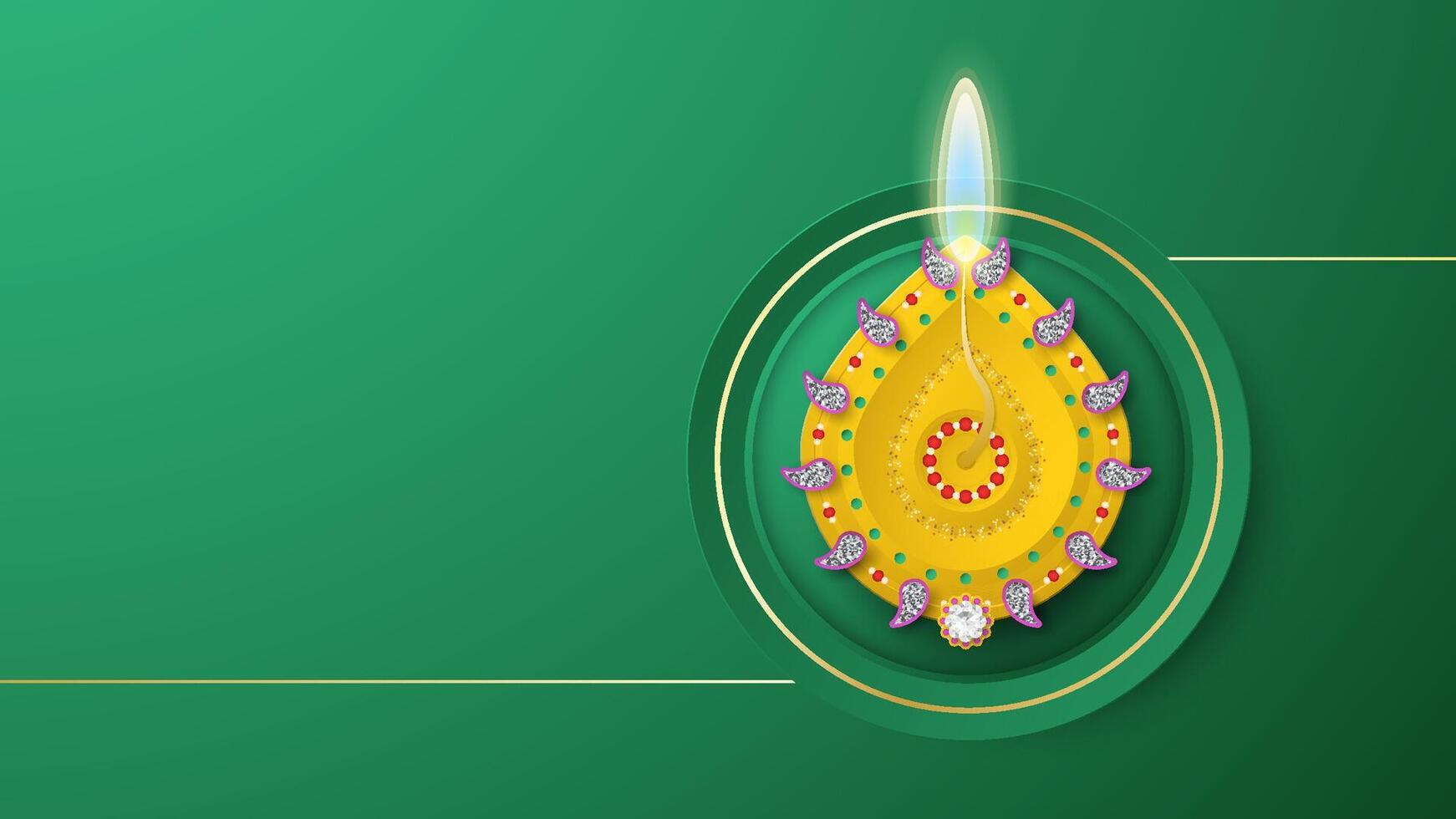 Yellow Diya with light on green background. vector